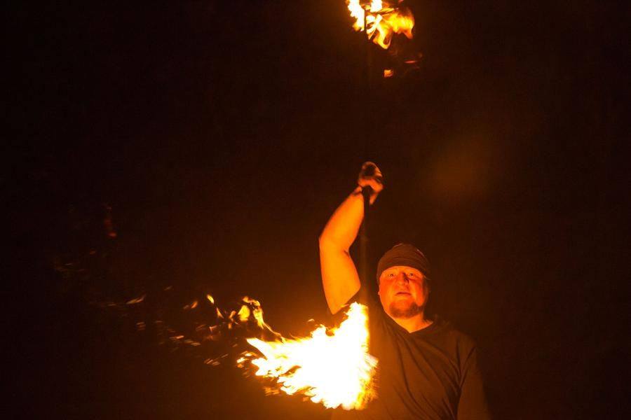 The master handles everything that burns with ease, delighting the crowd
