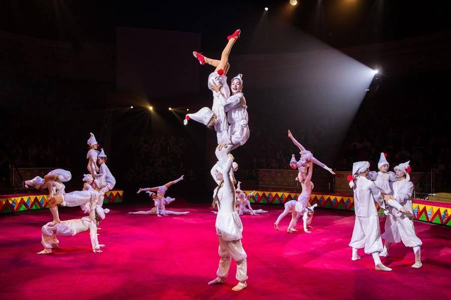 In groups, they simultaneously execute a wide variety of acrobatic tricks